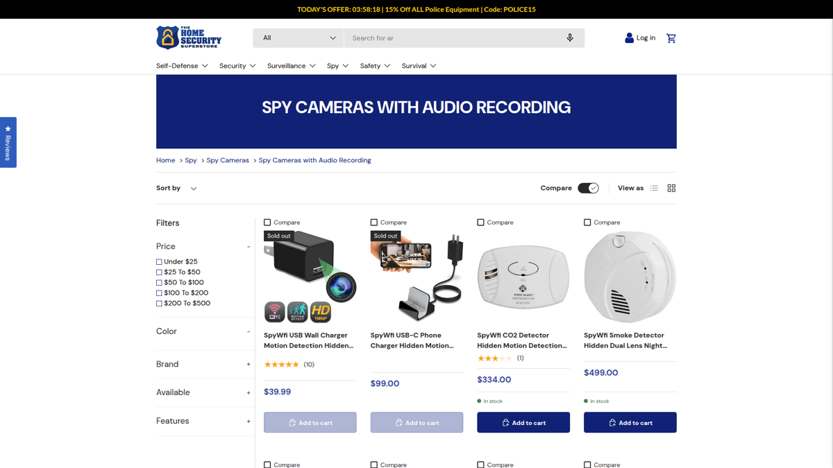Spy cameras with audio recording selection