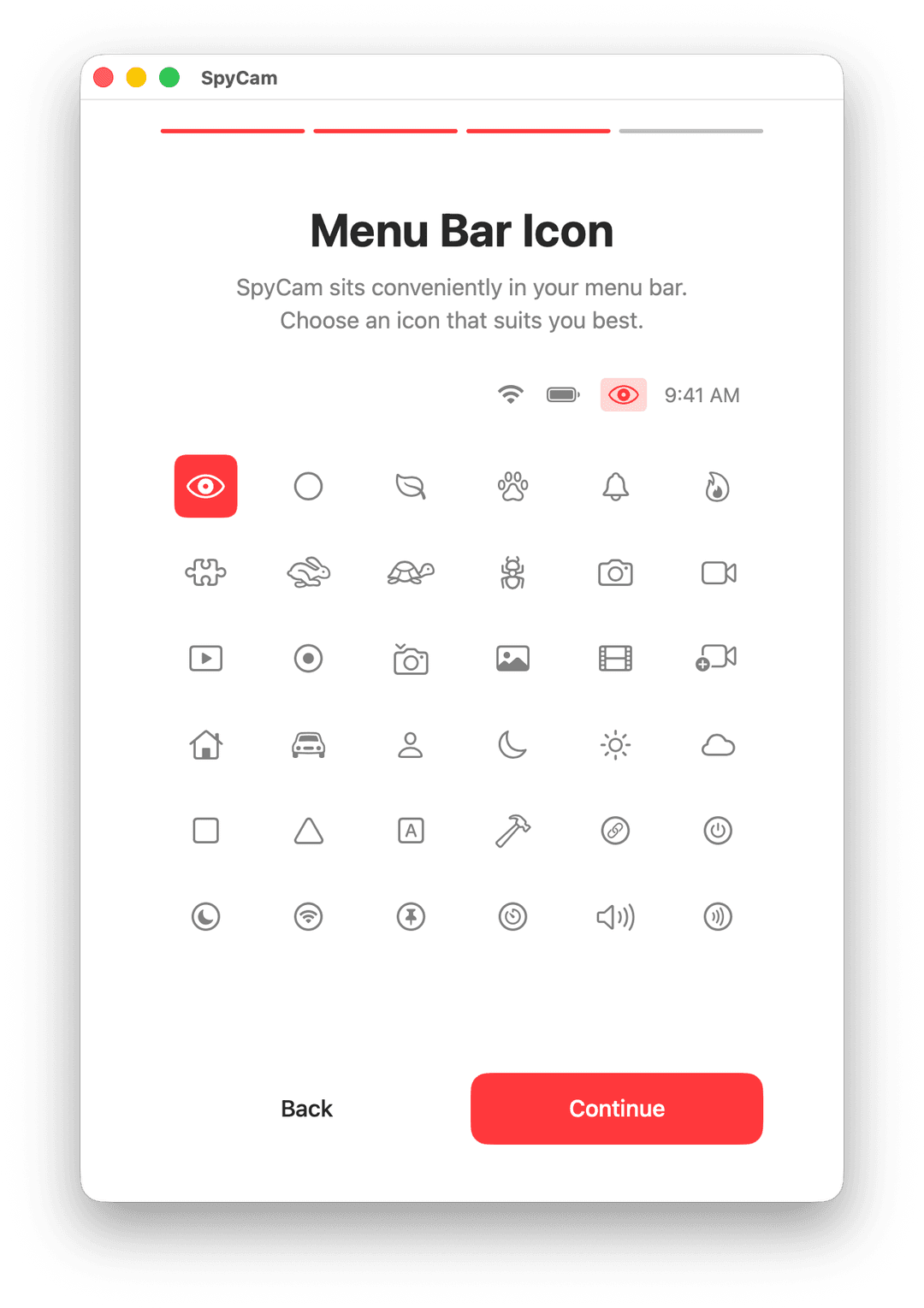 SpyCam menu bar icon selection with 30+ stealth options