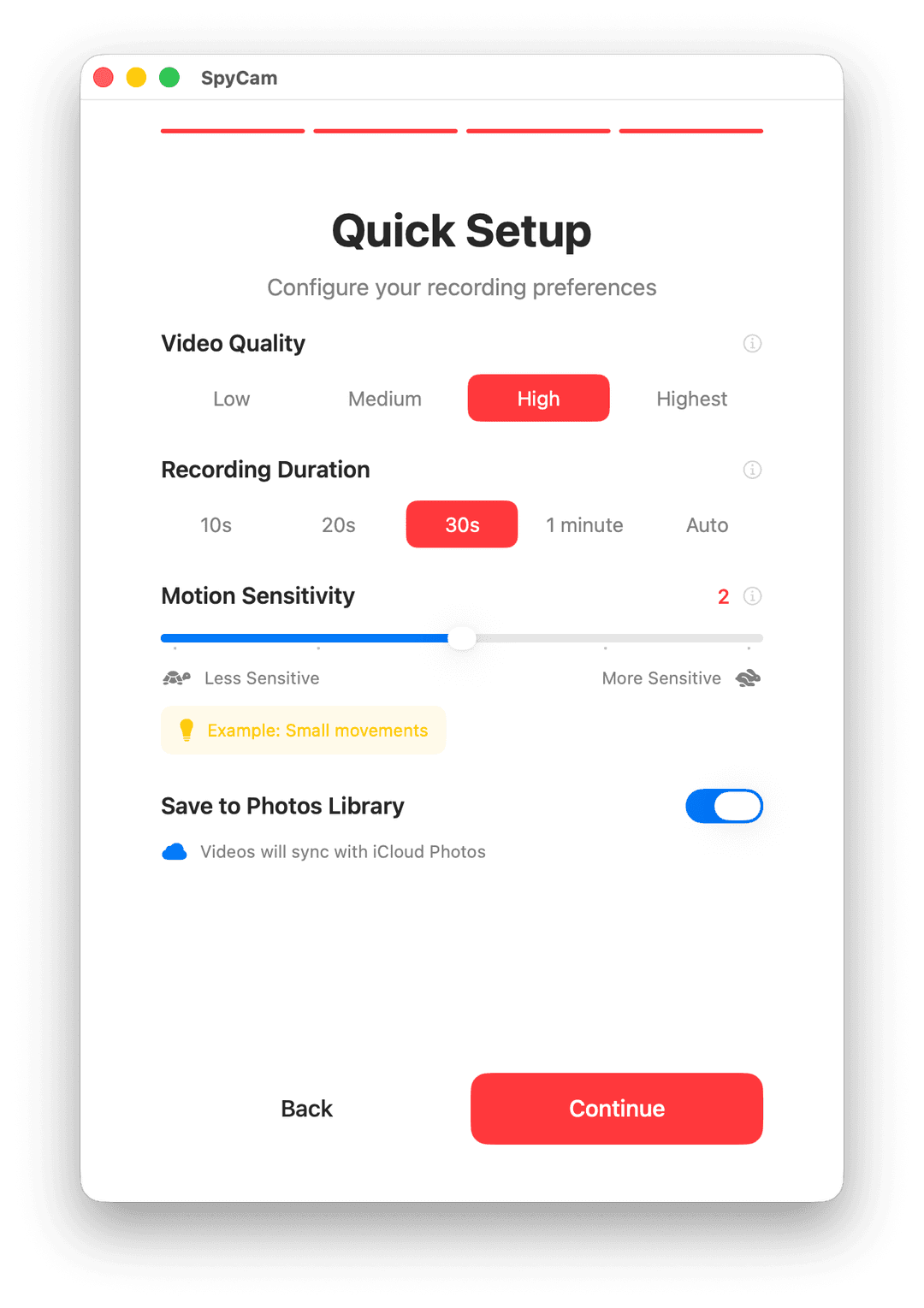 SpyCam motion detection settings screen