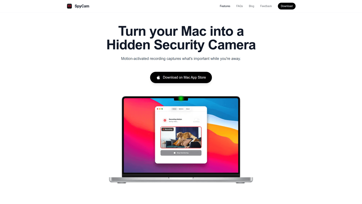 SpyCam website showing Surveillance Mode feature